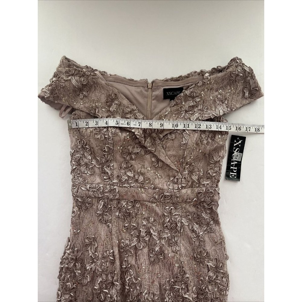 Xscape Womens Sz 4 Taupe Off the Shoulder Embroidered Lace Long Gown Dress - Picture 9 of 14